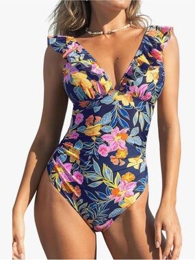 NWT Cupshe Multicolor Floral Ruffled Trim One Piece Swimsuit Size M Slimming